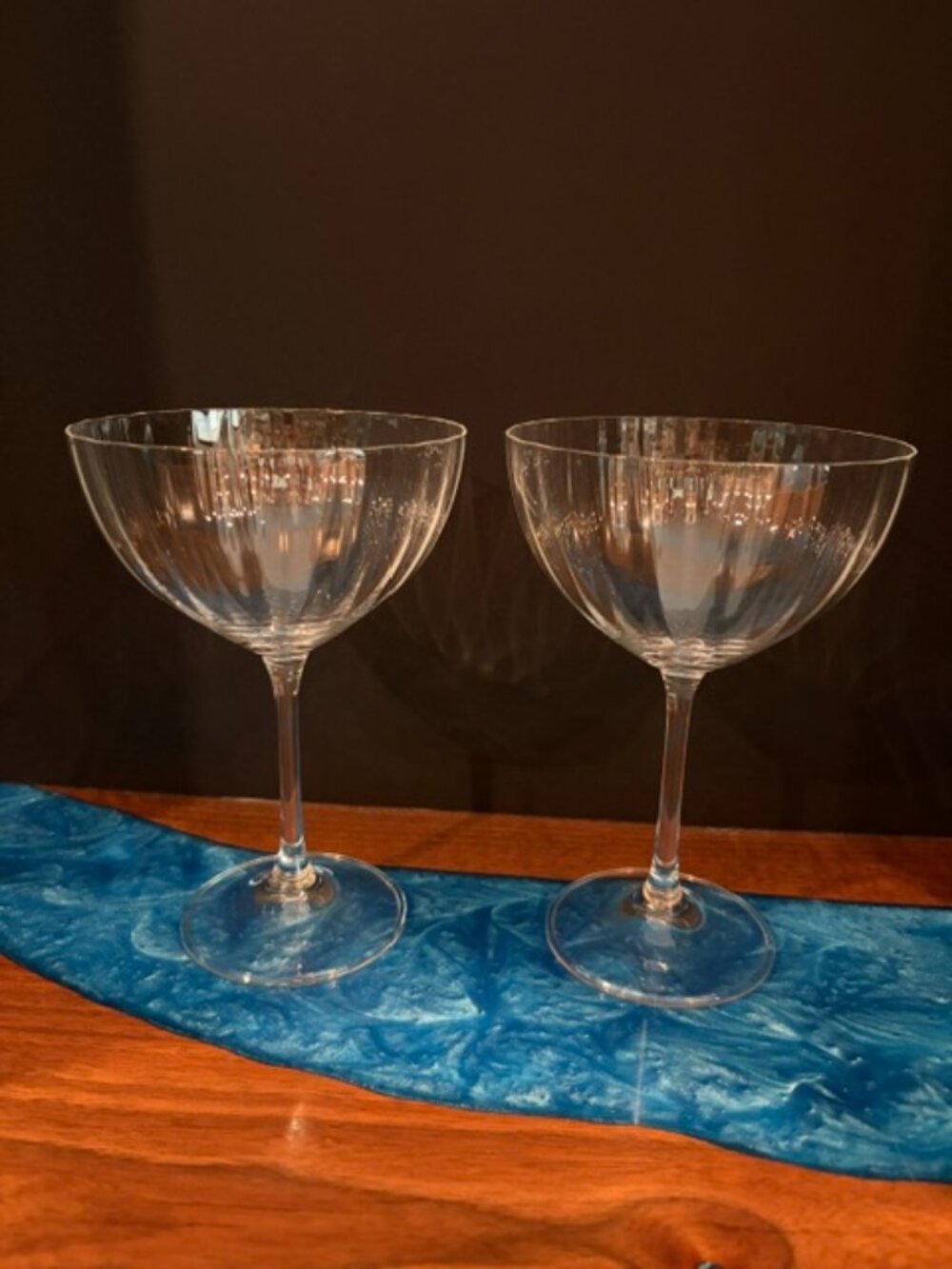 Pair Ribbed Crystal Champagne Saucers Coupe Glasses